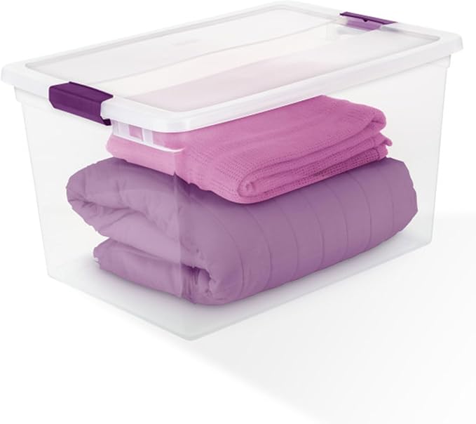 Sterilite 66 Qt ClearView Latch Storage Box, Stackable Bin with Latching Lid, Plastic Container to Organize Clothes in Closet, Clear Base, Lid, 6-Pack