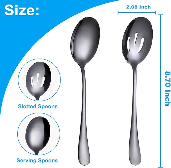 6 Pieces Serving Spoons Set 8.7 Inch, Includes 3 Serving Spoon and 3 Slotted Spoon, Stainless Steel Buffet Banquet Spoons, Large Kitchen Utensils Cutlery, Black