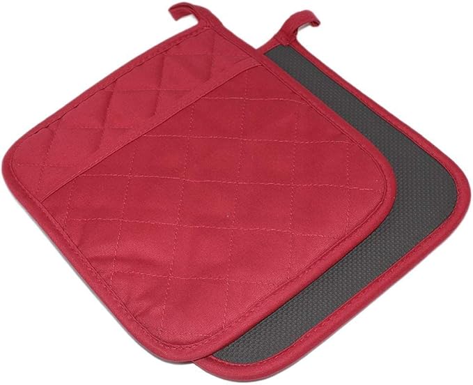 2Pcs Cotton and Neoprene Oven Pads Pot Holders with Pocket 8"x8.5" Dual-Function Hot Pad Set for Finger Hand Wrist Protection Heat Resistant to 428°F,Red