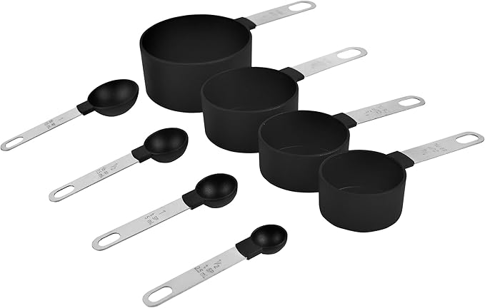 Measuring Cups and Spoons Set, 8-Piece Stackable Kitchen Measuring Set for Cooking and Baking, Durable Plastic Cups with Stainless Steel Handles, Easy-Grip, Nesting Design, Black