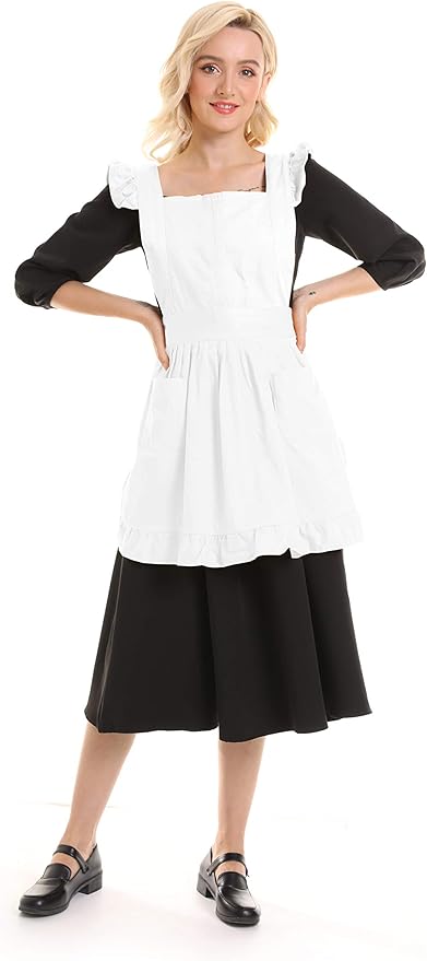 Retro Adjustable Ruffle Apron Kitchen Cooking Baking Cleaning Maid Costume (White)