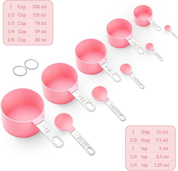 Measuring Cups and Spoons Set, 10 Pieces Stackable Measure Tools with Stainless Steel Handles, Kitchen Gadgets for Cooking & Baking (Pink)