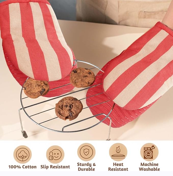 Folkulture Red Oven Mitts - Set of 2 (5.75"x9") | Cute Red Oven Mitts with Hanging Loop for Cooking Gifts, Kitchen Decor| 100% Cotton, Silicone Heat Resistant Oven-Gloves for New Home Essentials