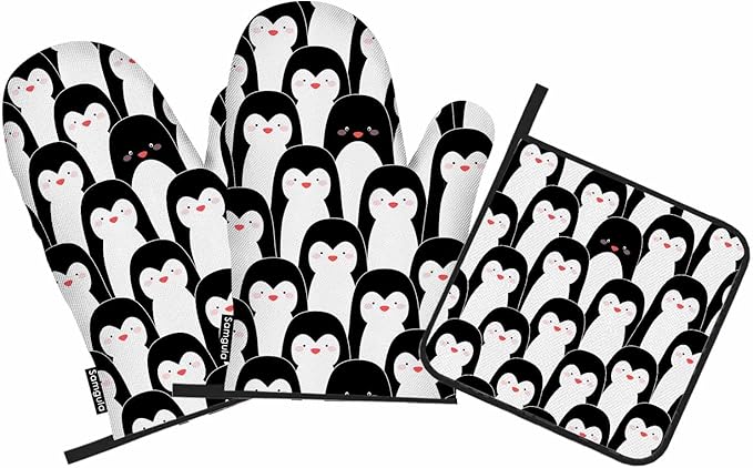 Cute Penguins Oven Mitts and Pot Holders Sets Antarctic Animal Funny Oven Mitt Heat Resistant 3pcs for Cooking Baking BBQ