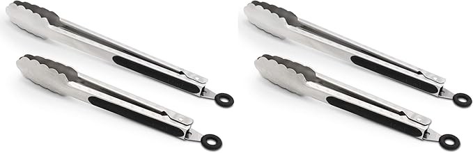 304 Stainless Steel Kitchen Cooking Tongs, 9" and 12" Set of 2 Sturdy Grilling Barbeque Brushed Locking Food Tongs with Ergonomic Grip, Black (Pack of 2)