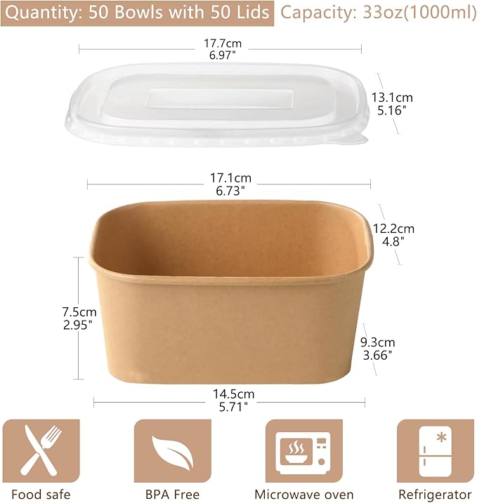 50 Sets 33oz Disposable Kraft Paper Bowls with Lids, Large Paper Food Containers with Lids, Salad Bowls for Hot/Cold Food, Meal Prep, Ice Cream, Takeout, Party Supplies(Rectangle, 1000ml)