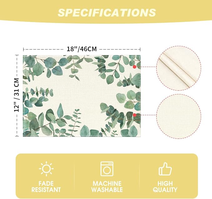 Artoid Mode Eucalyptus Leaves Summer Placemats for Dining Table, 12 x 18 Inch Spring Seasonal Holiday Rustic Vintage Washable Table Mats Set of 4 Green