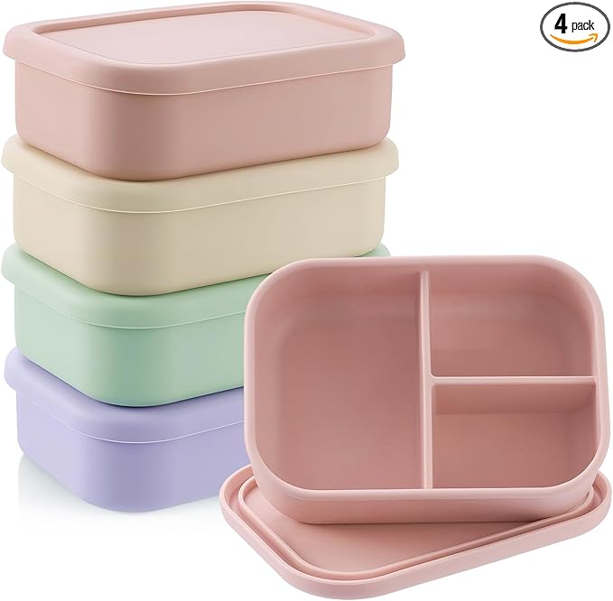 Layhit 4 Pcs Silicone Bento Box for Adults, 27 oz Bento Lunch Container Reusable 3 Compartment Lunchable Food Container for Women Men, Leak Proof Microwave Dishwasher Freezer Safe (Desaturated Colors)