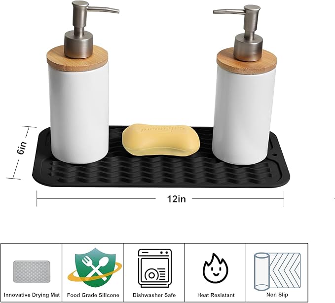 ZLR 2 Pcs Silicone Sponge Holder & Sink Caddy Tray (6" x 12") - Narrow Dish Drying Mat for Kitchen Counter - Waterproof Soap Dispenser Organizer, Non-Slip Bathroom Vanity Tray (Black)