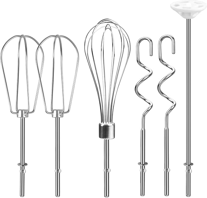 Hand Mixer Attachments Beater, Whisk, Blending Rod and Dough Hooks, Stainless Steel Hand Mixer Accessories Compatible with Kitchenaid Hand Mixers KHM3 KHM5 KHM7 KHM9, Set of 6