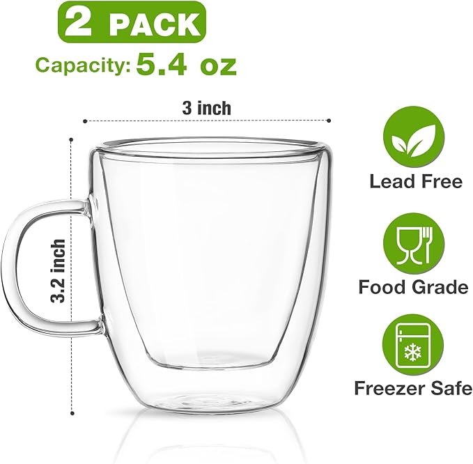 Mfacoy Glass Double Wall Insulated Espresso Cups (Set of 2), 5.4 oz Shots Cup with Handle, Insulated Glasses Mugs, Small Coffee Cups, Shot Glass