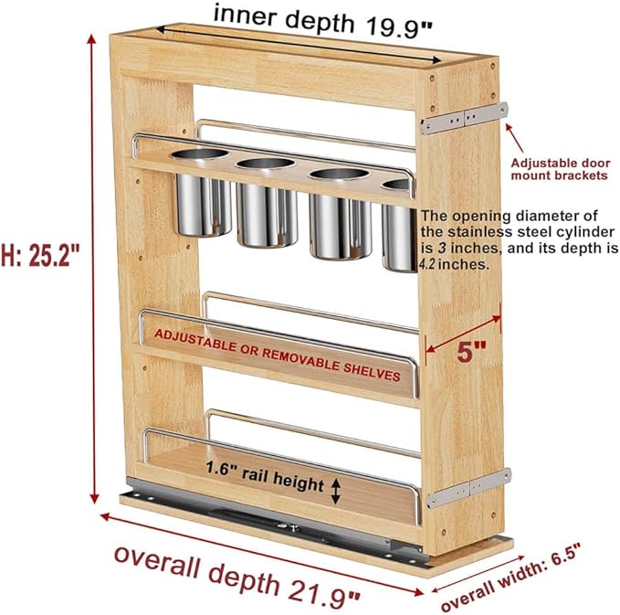 OCG 5" Pull-Out Solid Wood Storage Organizer for Base Cabinets, Soft Close 3 Tier Narrow Pull-out Wooden Storage Rack for Spices, Utensils, and Kitchen Tools