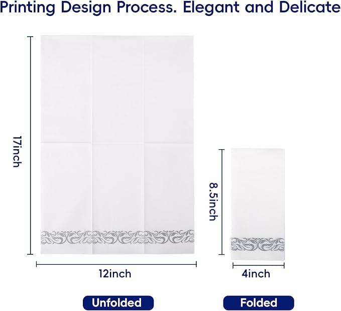 JOLLY CHEF 100 Disposable Hand Towels, Soft and Absorbent Linen Feel Dinner Napkin, Elegant Decorative Paper Guest Towels for Kitchen, Bathroom, Weddings, Parties, Silver and White
