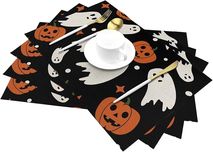 Halloween Orange Pumpkin Placemats 12x18 Inch Set of 4, Black and White Ghost Table Place Mat Autumn Cute Lantern Face Washable Table Mats Decorative Linen Fabric Table Mat for Dining Table