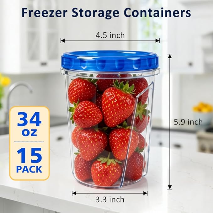 15 Pack 34oz Reusable Freezer Storage Containers with Twist Top Lids Airtight, Clear Plastic Soup Freezer Containers, Quart Food Storage Containers with Lids for Meal Prep Leftover Lunch Salad Fruit
