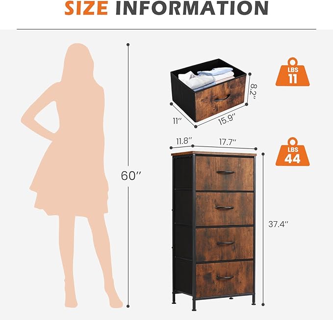 Sweetcrispy 4 Drawer Dresser, Fabric Storage Tower Organizer with Sturdy Steel Frame and Wood Top, Easy Pull Handles, for Bedroom, Closet, Entryway, Hallway, Brown