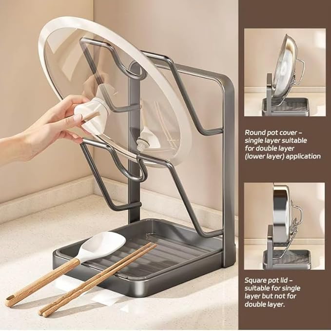 Generic Pot Lid Organizer and Kitchen Pot Lid Holder, With a Removable Drain Tray for Holding Pot Lids Spatulas Chopsticks and Spoons While Cooking,Saves Space. (Grey)