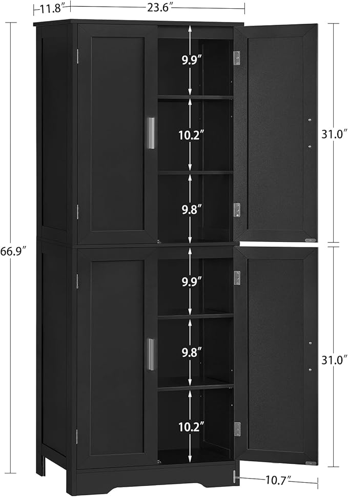 TEENFON 67” Storage Cabinet, Kitchen Pantry Cabinet with 4 Doors and 2 Adjustable Shelves, Cupboard, Tall Bathroom Cabinets for Living Room, Kitchen, Bathroom, Black