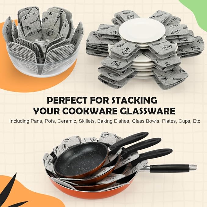 BYKITCHEN Pot and Pan Protectors for Stacking, Set of 9 & 3 Sizes, Felt Pan Separators Dividers Pads for Space Saving, Pot Protectors for Stacking and Protecting Your Cookware