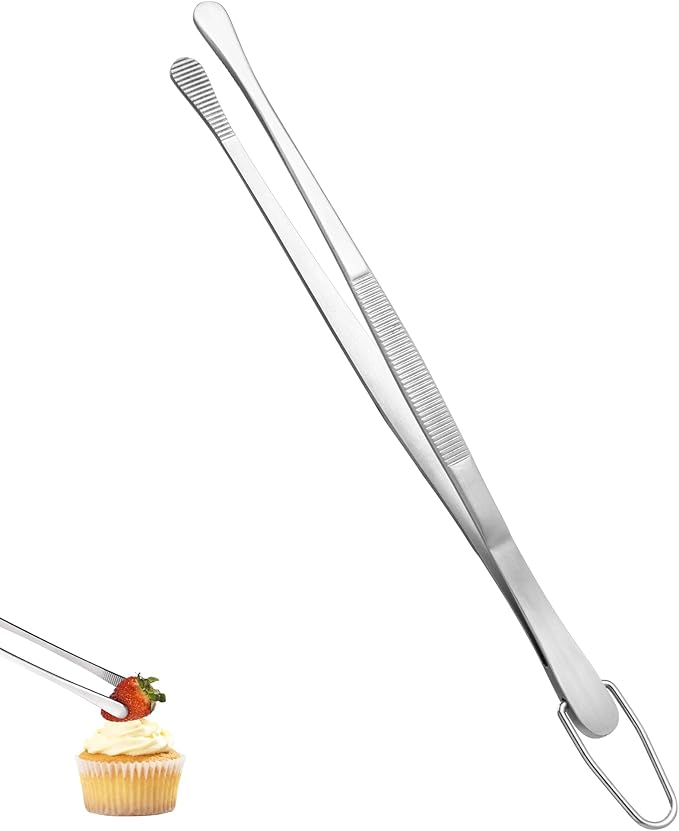 U-Taste 8in Kitchen Plating Tweezer: 18/8 Stainless Steel Food-Grade Metal Food Tong, Seamless-Welding, Sturdy and Flexible with Non-slip Tips for Serving, Decorating, Cooking, Baking (Round Tip)