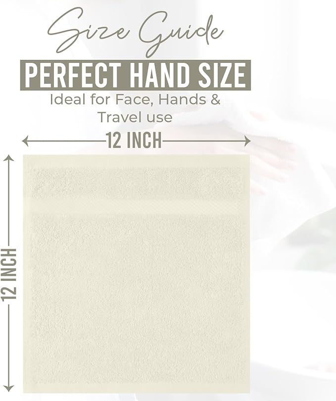 DAN RIVER 12-Pack Premium 100% Cotton Ivory Face Towels for Bathroom - Reusable Face Wash Cloths for Showering 12x12 Inches - 550 GSM Super Soft & Absorbent Luxury WashCloths for Body, Spa & Gym