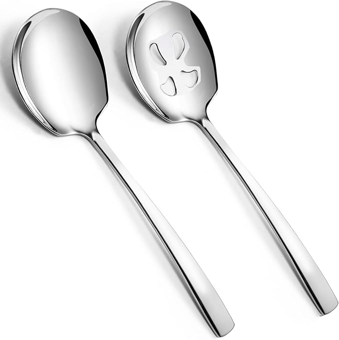 Large Serving Spoons Set Stainless Steel 12 Inch Slotted Spoon and Serving Spoon Serving Utensils for Buffet Catering Dishwasher Safe(1 Spoons, 1 Slotted,Silver)