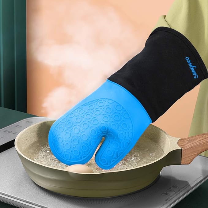 sungwoo Extra Long Silicone Oven Mitts, Heat Resistant Oven Gloves with Quilted Liner Non-Slip Textured Grip Perfect for BBQ, Baking, Cooking and Grilling - 1 Pair 14.6 Inch Blue & Black