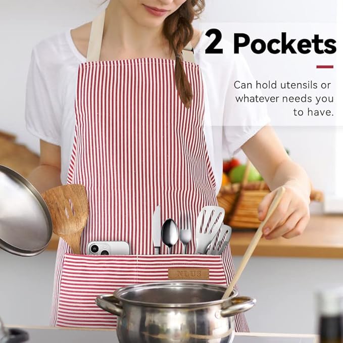 NLUS 2 Pack Kitchen Cooking Aprons, Adjustable Bib Soft Chef Apron with 2 Pockets for Men Women (Blue Pinstripes/Pink Pinstripes)