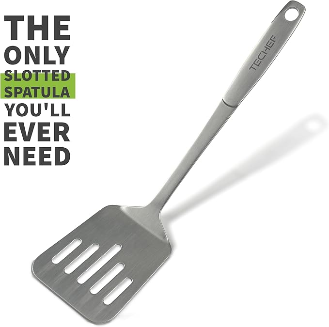TECHEF - ChefCore 304 Stainless Steel Slotted Turner Spatula with Ergonomic Handle, One-Piece Unibody Design, Rustproof & Heat Resistant, 10.5" Serving Utensil – Made in Korea