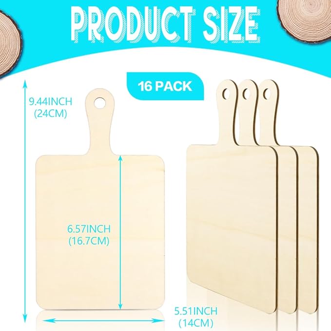 Vmiapxo 16 Pack Unfinished Wood Cutting Board Craft with Handle, Wooden Paddle Cheese Bread Board Set Chopping Board Serving Tray for Craft DIY Christmas Home Kitchen Cooking Decor (9.4" x 5.5")