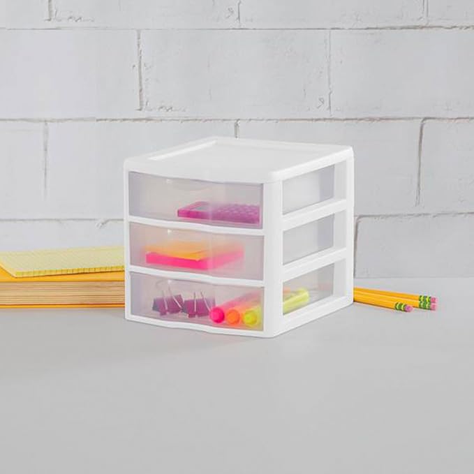 Sterilite 18-Pack ClearView 3-Drawer Cart, Small Plastic Storage Organizer Drawers, White - Organizing Drawer Containers for Bathroom, Closet, Kitchen, and Bedroom