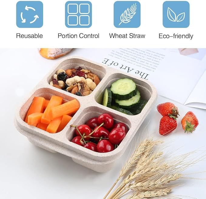 8 Pack Snack Box Container, 4 Compartments Bento Snack Containers for Organized Meal Prep, Reusable Divided Lunch Food Storage Containers for Work, Picnic– Microwave, Dishwasher, Freezer Safe