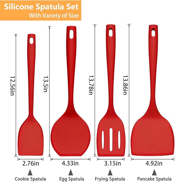 Pancake Silicone Spatula Set, Flexible Turner Spatulas for Flipping, BPA Free, Non Stick and Non Scratch Great for Egg, Fish, Burgers, Dishwasher Safe (4 Pack, Red)
