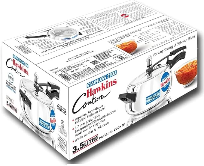 Hawkins 3.5 Litre Contura Pressure Cooker, Stainless Steel Inner Lid Cooker, Handi Cooker, Induction Cooker, Silver (SSC35)