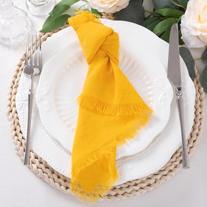 DeZerlor 6 Pack Gold Cotton Linen Napkins with Fringe Thanksgiving Fall Cloth Napkins Set of 6 Boho Handmade Dinner Table Napkins Bulk for Wedding Bridal Baby Shower Christmas Parties, 17 x 17 Inches