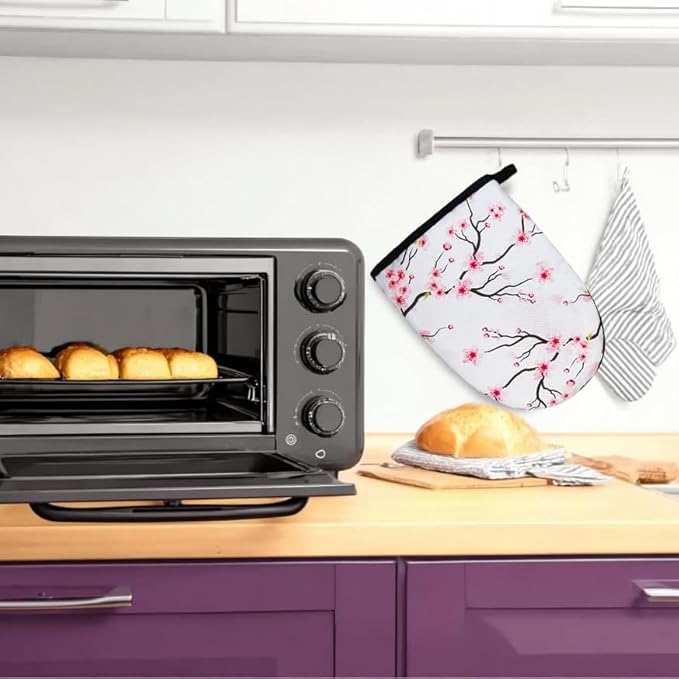 Pink Cherry Blossoms Oven Mitts, High Heat Resistant Kitchen Oven Gloves, Mini Silicone Oven Mitts, Non-Slip Grip Surfaces and Hanging Loop for Grilling, Baking, Cooking and Microwave, Gift