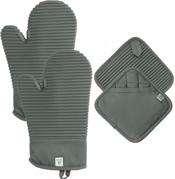 Extra Long Silicone Oven Mitts and Pot Holders Sets | Heat Resistant 500°F BPA-Free Food Grade Silicone Hot Pads & Kitchen Mittens | 4-Piece Set of Oven Gloves & Potholders for Kitchens- Gray