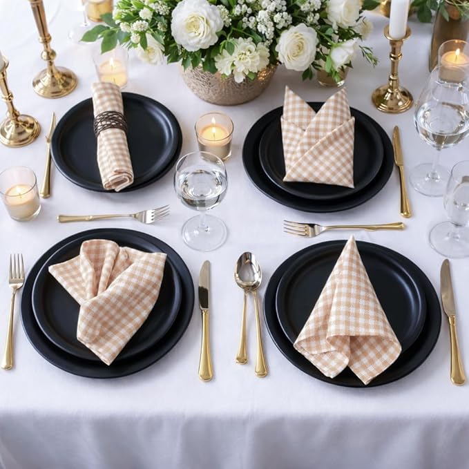 Mini Checked Cloth Napkins, 16x16 inch, Washable, Absorbent, Soft, Elegant Table Decorative Napkins for Holiday, Dinner, Party, Lunch, Wedding, Everyday Use - Beige
