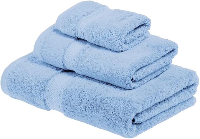 SUPERIOR Egyptian Cotton Pile 3 Piece Towel Set, Includes 1 Bath, 1 Hand, 1 Face Towel/Washcloth, Ultra Soft Luxury Towels, Thick Plush Essentials, Guest Bath, Spa, Hotel Bathroom, Light Blue