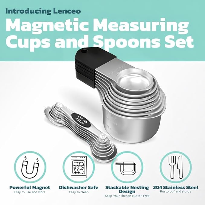 Magnetic Measuring Cups and Spoons Set of 16 - Stackable Stainless Steel Magnetic Measuring Spoons Set with Leveler - Dual Marking Scale Measuring Cup for Dry and Liquid Ingredients (Black)
