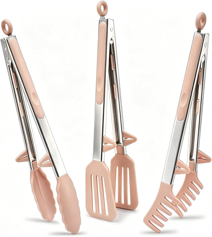 Tongs for Cooking, 12" Kitchen Tongs with Silicone Tips, Food Grade Serving Tongs Set of 3, Pink