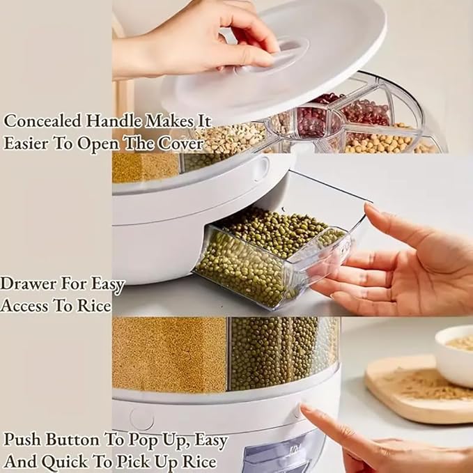 Rotating grain distributor, 6-grid large rice storage container for storing rice, beans and cat food, sealed and moisture-proof, large size.