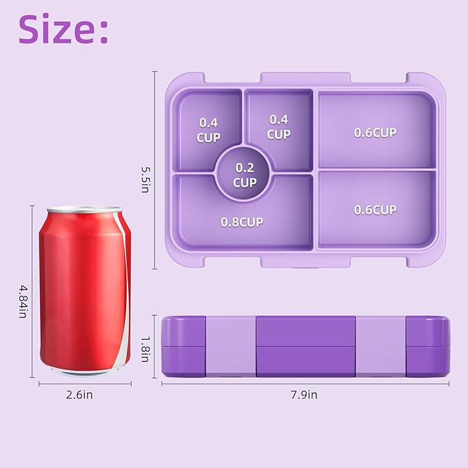 Bento Lunch Box for Kids, 6 Compartments BPA Free, Dishwasher Safe Back to School Snack Bento Lunch Containers Boxes, Ideal Portion Sizes for On-the-Go Meal, Ages 3+, School, Purple