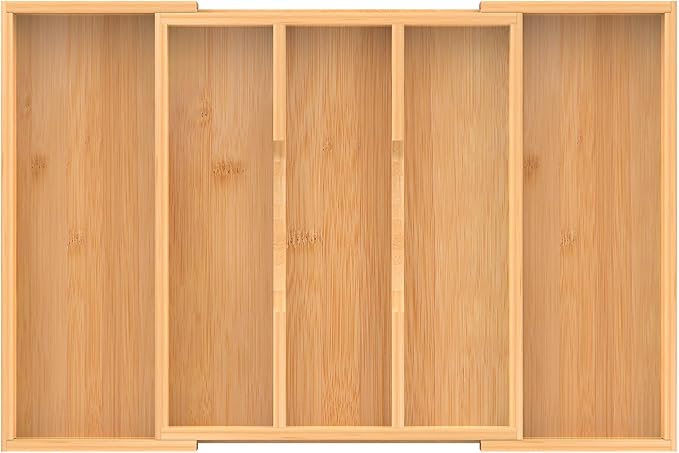 Bamboo Expandable Kitchen Drawer Organizer, 13" - 23" Adjustable Utensils Holder and Cutlery Tray, 3-5 Slots Drawer Organizer for Silverware Flatware