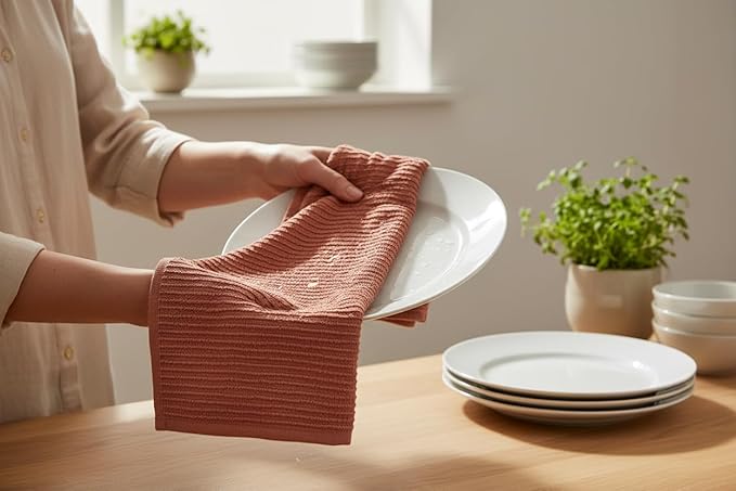 Serafina Home Peach Coral Salmon Kitchen Hand Dish Towels: Oversized 28" x 18",100% Cotton Cloth Soft Cleaning Drying Absorbent Ribbed Design, Set of 3 Multipurpose for Everyday Use (Peach)