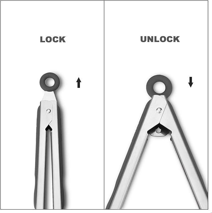 Premium 304 Stainless Steel Tongs Set – 12" Grill Tongs & 9" Cooking Tongs, Heat Resistant up to 600°F, Wavy Grip Head, Non‑Slip Handle with Locking Clip & Hanging Loop, Dishwasher Safe, Grey