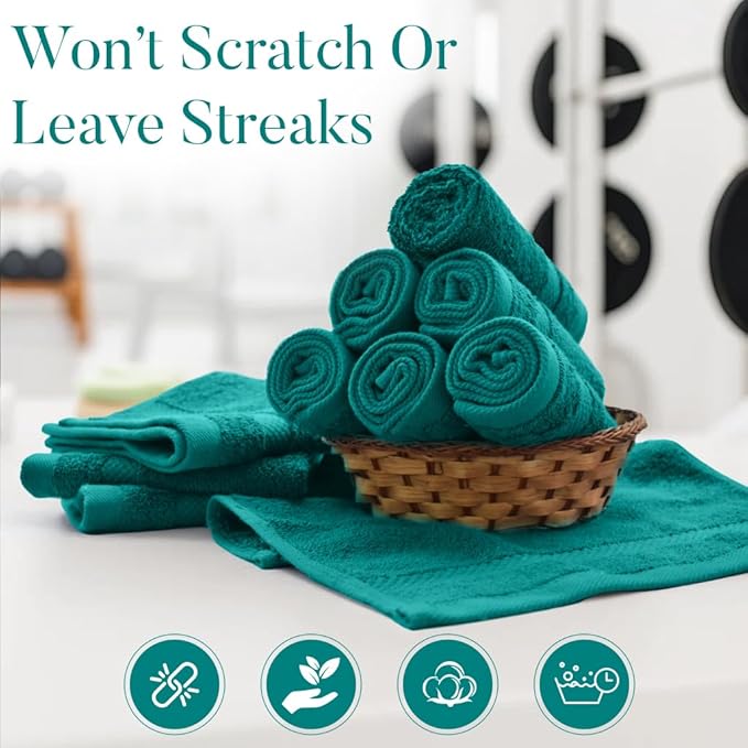 DAN RIVER 12-Pack Premium 100% Cotton Teal Face Towels for Bathroom - Reusable Face Wash Cloths for Showering 12x12 Inches - 550 GSM Super Soft & Absorbent Luxury WashCloths for Body, Spa & Gym