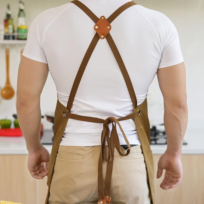 Aoomzoon Canvas Aprons for Men Chef Apron, Work Apron with Large Pockets - 16oz Heavy Duty Cross Back, BBQ, Cooking