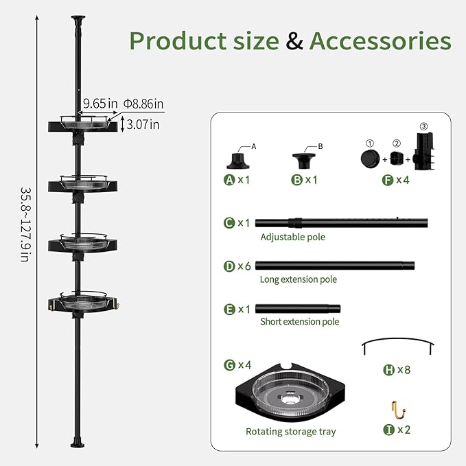 akinbas Shower Caddy Tension Pole with 4 L-Lazy Susan Organizer 360 Rotating 35-128 Inch No Drilling Floor Standing Shelves Adjustable Shower Rack for Bathroom Corner (Black)