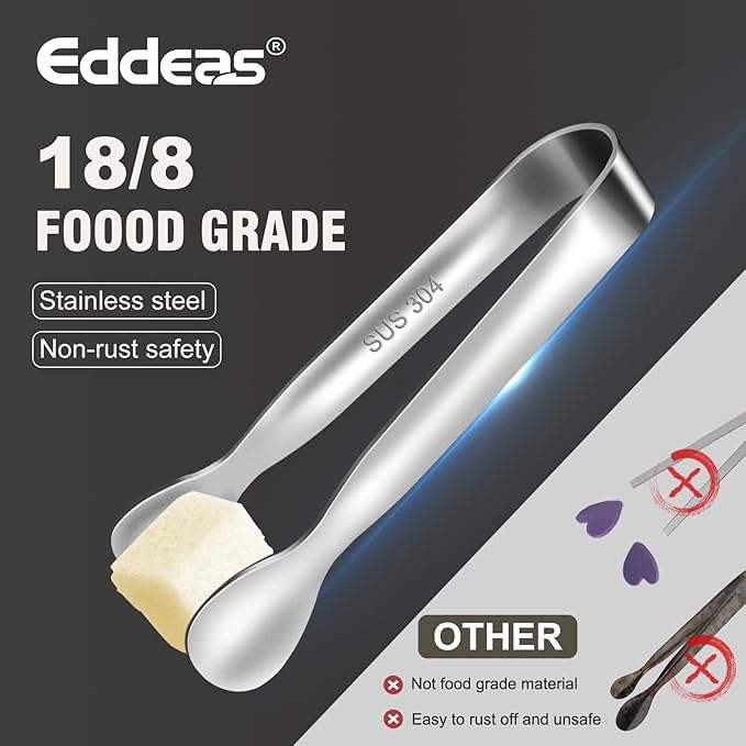 Eddeas Mini Tongs For Serving Food，Set fo 12 Small Tongs For Appetizers，Small Stainless Steel Metal Cooking Tong，for Tea Party Coffee Bar, 4 inch Sugar Tong - Silver